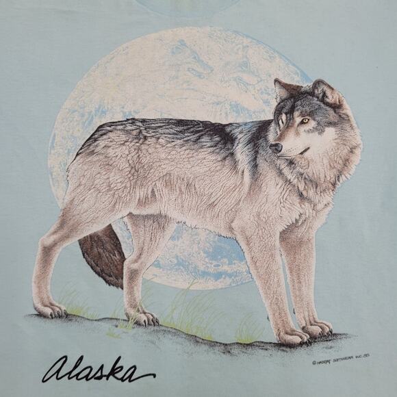 Vintage 1988 Habitat Softwear Alaska Wolf Shirt Medium 20x26 Light Blue USA - Picture 2 of 16